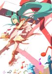  boots cake detached_sleeves food food_as_clothes food_themed_clothes gift green_eyes green_hair hatsune_miku ian_olympia kneehighs long_hair musical_note solo twintails very_long_hair vocaloid 