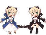  alternate_color animal_ears blonde_hair blush cat_ears cat_tail chibi cosplay dual_persona fang fate/extra fate_(series) greaves green_eyes gun heinrike_prinzessin_zu_sayn-wittgenstein machine_gun null_(nyanpyoun) open_mouth panzerfaust saber_extra saber_extra_(cosplay) smile strike_witches tail weapon 