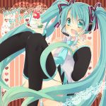  blue_striped_panties cake character_name detached_sleeves food fork green_eyes green_hair happy_birthday hatsune_miku headset inaba_rai long_hair necktie open_mouth panties skirt solo spring_onion striped striped_panties thigh-highs thighhighs twintails underwear very_long_hair vocaloid 