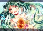  bad_id bouquet flower green_eyes green_hair hair_ribbon happy_birthday hatsune_miku long_hair open_mouth ribbon solo twintails vocaloid 