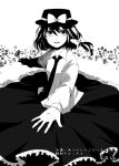  74_(teduka) bow hair_bow hat hat_bow long_sleeves monochrome necktie open_mouth puffy_sleeves short_hair solo touhou usami_renko 