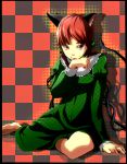  animal_ears barefoot cat_ears cat_tail kaenbyou_rin long_hair long_sleeves multiple_tails pointy_ears puffy_sleeves red_eyes red_hair redhead rururu_(athletic-meet) solo tail tongue touhou 