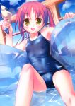  :d absurdres blush hair_cubes hair_ornament highres holding looking_at_viewer one-piece_swimsuit open_mouth original red_hair redhead school_swimsuit shiny shiny_clothes sitting smile solo swimsuit takoyaki_(roast) water water_gun wet wet_clothes yellow_eyes 