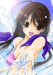  blush breasts brown_eyes brown_hair copyright_request kyougoku_touya long_hair looking_at_viewer open_mouth smile solo water 