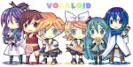  4girls aqua_eyes blonde_hair blue_eyes blue_hair blush brown_eyes brown_hair cake candy chibi chocolat_(momoiro_piano) closed_eyes coat detached_sleeves doughnut eating eyes_closed food fork hair_ornament hair_ribbon hairband hairclip hatsune_miku headset hina_hina ice_cream_cone kagamine_len kagamine_rin kagura_gakupo kaito lollipop meiko midriff multiple_boys multiple_girls navel neckerchief open_mouth pants pocky ponytail purple_hair ribbon scarf shirt shorts skirt smile thigh-highs thighhighs twintails vocaloid zettai_ryouiki 