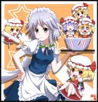  6+girls apron arm_up arms_up ascot blonde_hair blush border bowl braid chibi clone closed_eyes drooling eyes_closed fangs flandre_scarlet fork four_of_a_kind_(touhou) grey_eyes hand_on_hip hat hat_ribbon heart heart_in_mouth in_bowl in_container izayoi_sakuya knife lavender_hair maid maid_headdress mount_whip multiple_girls open_mouth red_eyes remilia_scarlet ribbon short_hair siblings side_ponytail silver_hair sisters skirt skirt_set smile star touhou tray twin_braids utensil white_legwear wings 
