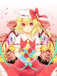  ascot bad_id blonde_hair bouquet flandre_scarlet flower hat hat_ribbon incoming_gift looking_at_viewer nekosugiayana petals red_eyes ribbon side_ponytail smile solo touhou wings 