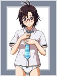  ahoge antenna_hair bespectacled black_hair blush brown_eyes dressing glasses idolmaster kikuchi_makoto lielos looking_at_viewer necktie panties plaid rough_time_school school_uniform short_hair solo underwear 