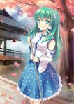 1girl blush breasts broom cherry_blossoms cloud clouds detached_sleeves frog_hair_ornament green_eyes green_hair hair_ornament hair_tubes kochiya_sanae long_hair petals shrine skirt sky smile snake solo touhou tree wide_sleeves zi_se