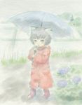  chen flower highres no_hat no_headwear open_mouth rain raincoat rubber_boots saraband solo touhou traditional_media umbrella 
