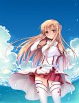  asuna_(sao) bare_shoulders blush breastplate brown_eyes brown_hair cloud detached_sleeves highres horizon long_hair looking_at_viewer skirt sky smile solo sousouman sword_art_online thigh-highs thighhighs white_legwear wind 