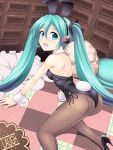  all_fours aqua_eyes aqua_hair ass bare_shoulders bunnysuit fishnet_pantyhose fishnets hatsune_miku headset high_heels highres long_hair looking_at_viewer looking_back masakichi_(crossroad) pantyhose shoes smile solo twintails very_long_hair vocaloid wrist_cuffs 