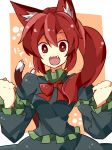  alternate_hairstyle animal_ears cat_ears cat_tail fang kaenbyou_rin kuromari_(runia) long_hair long_sleeves multiple_tails open_mouth puffy_sleeves red_eyes red_hair redhead solo tail touhou 