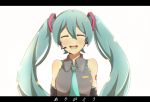  aqua_hair closed_eyes detached_sleeves eyes_closed hatsune_miku headset kariosuto21 letterboxed long_hair necktie open_mouth simple_background twintails vocaloid white_background 