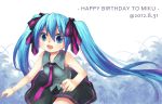  bad_id bare_arms blue_eyes blue_hair bow hair_bow happy_birthday hatsune_miku highres long_hair looking_at_viewer necktie open_mouth shirt skirt sleeveless sleeveless_shirt smile solo twintails vocaloid yui_(daijun) 