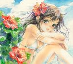  bikini blush brown_eyes brown_hair cloud clouds crossed_arms flower front-tie_top hair_flower hair_ornament long_hair looking_at_viewer original parted_lips sitting sky solo swimsuit toyoda_izumi traditional_media water wind 