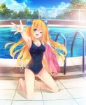  ;d aizawa_hikaru armpits blonde_hair blue_eyes breasts chainlink_fence cleavage clothed_navel cloud kneeling one-piece_swimsuit open_mouth outstretched_hand pool pool_ladder poolside silverlight sky smile swimsuit tiles tree two_side_up wink 