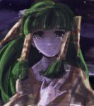  bangs blunt_bangs blurry bust feena grandia grandia_i green_hair hair_ornament hair_tubes hand_on_own_chest jewelry long_hair looking_at_viewer moonlight necklace night nouko_(ina39) smile solo tears 