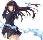  adjusting_hair blue_eyes brown_hair eat hair_ornament hairclip long_hair original school_uniform serafuku skirt water 