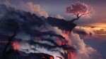  bare_tree cherry_blossoms cliff cloud clouds copyright_request highres landscape molten_rock no_humans ocean original petals scenery scenic smoke steam sunset tree wallpaper 