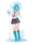  blue_eyes blue_hair bubble hitoto holding_breath original puddle school_uniform serafuku short_hair skirt sleeves_rolled_up solo standing transparent_background water 
