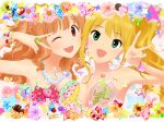  2girls artist_request bikini bikini_top blonde_hair brown_eyes brown_hair cake cleavage food green_eyes hoshii_miki idolmaster idolmaster_cinderella_girls moroboshi_kirari necklace ponytail stars swimsuit teddy_bear wink 