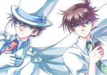  blue_eyes brown_hair detective_conan formal hat kaito_kid kudou_shin&#039;ichi kudou_shin'ichi kuroba_kaitou male meitantei_conan monocle multiple_boys necktie rustina smile suit top_hat white_background 