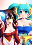  2girls ahri animal_ears aqua_eyes aqua_hair bare_shoulders black_hair blush breasts cleavage collarbone energy_ball etwahl facial_mark fang fox_ears fox_tail large_breasts league_of_legends multiple_girls multiple_tails open_mouth orb sona_buvelle tail xano yellow_eyes 