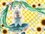  2012 asagi_(seal47) blue_eyes bowtie character_name checkered checkered_background dated flower green_hair hair_ribbon happy_birthday hatsune_miku heart heart_hands heart_of_string long_hair ribbon skirt solo thigh-highs thighhighs twintails very_long_hair vocaloid 
