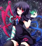  asymmetrical_wings black_hair black_legwear dress houjuu_nue red_eyes short_hair sitting smile snake solo taku10 thigh-highs thighhighs touhou ufo wings wink 