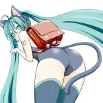  ahoge animal_ears ass backpack bag bent_over blush cat_ears cat_tail fake_animal_ears green_eyes green_hair hatsune_miku headset long_hair looking_back minazuki_itto one-piece_swimsuit paw_pose randoseru simple_background solo swimsuit tail thigh-highs thighhighs twintails very_long_hair vocaloid white_background 