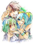  2girls \m/ brown_hair cabbie_hat crossover facial_hair green_hair hair_ornament hairclip hat hatsune_miku kaburagi_t_kotetsu long_hair macross macross_frontier multiple_girls ogiko ranka_lee red_eyes salute short_hair stubble tiger_&amp;_bunny twintails v vocaloid watch wink wristwatch 