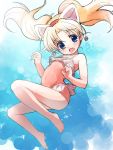 1girl animal_ears blonde_hair blue_eyes blush cat_ears fang highres jewelpet_(series) jewelpet_tinkle jewelry long_hair miria_marigold_mackenzie nyama one-piece_swimsuit open_mouth solo swimsuit twintails 