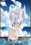  absurdres bare_shoulders barefoot dress feet floating_hair grey_eyes hand_to_mouth highres holding long_hair looking_at_viewer original paintbrush painting_(object) saberiii silver_eyes silver_hair sitting smile solo white_dress wings 