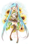  aqua_hair boots character_name closed_eyes dated detached_sleeves flower hatsune_miku highres long_hair necktie open_mouth rina2627 skirt solo thigh-highs thigh_boots thighhighs twintails very_long_hair vocaloid 