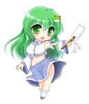  blush bobby_socks breasts chibi detached_sleeves ferre frog_hair_ornament gohei green_eyes green_hair hair_ornament hair_tubes kochiya_sanae long_hair midriff navel outstretched_arm payot simple_background skirt snake_hair_ornament socks solo touhou white_background white_legwear 