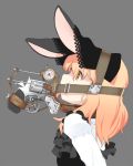  1girl animal_ears arms_behind_back bdsm blonde_hair bondage cocked_hammer commentary frills gag gothic_lolita gun lolita_fashion original peril profile revolver solo tongue torque weapon yellow_eyes 