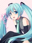 1girl :d bare_shoulders black_legwear blue_eyes blue_hair blush detached_sleeves hatsune_miku itou_nanami long_hair looking_at_viewer open_mouth simple_background smile solo tears thigh-highs thighhighs translated translation_request twintails very_long_hair vocaloid white_background