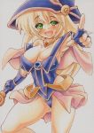  1girl blonde_hair breasts cleavage dark_magician_girl fingerless_gloves gloves green_eyes hat hexagram leotard looking_at_viewer open_mouth smile solo traditional_media witch_hat yutakasan-love yuu-gi-ou 