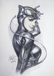  1girl batman_(series) bodysuit catwoman cowl dc_comics female gloves goggles goggles_on_head leather marker_(medium) monochrome over_shoulder signature solo stanley_lau tail traditional_media unitard whip 
