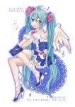  2012 bowtie character_name dated garters gloves green_eyes green_hair hair_ribbon hatsune_miku high_heels long_hair midriff musical_note navel ribbon shoes skirt solo suspenders twintails very_long_hair vocaloid wings yayoi_(egoistic_realism) 