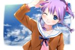  1girl blue_eyes bow braid clouds hair_bow jacket looking_at_viewer purple_hair quad_tails sky smile solo twin_braids ume_(plumblossom) wink wizard_barristers:_benmashi_cecil 