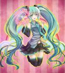  boots character_name detached_sleeves green_eyes green_hair happy_birthday hatsune_miku li_luo long_hair necktie pointing rainbow skirt solo striped striped_background thigh-highs thigh_boots thighhighs twintails very_long_hair vocaloid 