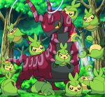  &gt;_&lt; afterimage battle character_request forest holding leaf nature no_humans o_o open_mouth outdoors pokemoa pokemon pokemon_(creature) pokemon_bw scolipede sewaddle swadloon tree yellow_eyes 