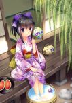  black_hair fan feet_in_water food fruit holding japanese_clothes kimono original ponytail purple_hair sitting soaking_feet solo wataame27 water watermelon 