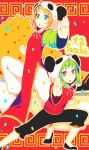  animal_hat aqua_eyes blonde_hair blush china_dress chinese_clothes green_hair gumi hair_ornament hairclip hat kagamine_rin looking_at_viewer multiple_girls open_mouth outstretched_arms panda_hat red_eyes shishiu short_hair vocaloid yie_ar_fan_club_(vocaloid) 