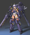 armor bodysuit cannon copyright_request flyx2 mecha_musume purple_eyes purple_hair simple_background smile violet_eyes 