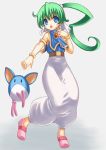  arabian_clothes arsha asha_(monster_world) blue_eyes creature earrings green_hair jewelry long_hair monster_world monster_world_4 monster_world_iv pepelogoo ponytail shoes smile solo tsuki_to_doriru 