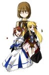  armor bardiche belt blonde_hair book brown_hair buckle cape closed_eyes dress eyes_closed fate_testarossa fingerless_gloves gloves hair_ribbon highres long_hair lyrical_nanoha mahou_shoujo_lyrical_nanoha mahou_shoujo_lyrical_nanoha_a&#039;s mahou_shoujo_lyrical_nanoha_a's mahou_shoujo_lyrical_nanoha_the_movie_2nd_a&#039;s mahou_shoujo_lyrical_nanoha_the_movie_2nd_a's multiple_girls nanotsuki open_mouth puffy_sleeves purple_eyes raising_heart red_eyes ribbon short_hair short_twintails sketch skirt smile sweater takamachi_nanoha tome_of_the_night_sky twintails violet_eyes white_background yagami_hayate 
