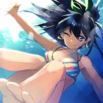  barefoot bikini black_hair blue_eyes earrings feet freediving ganaha_hibiki hoop_earrings idolmaster jewelry shion_(kizuro) solo swimming swimsuit toes underwater wink 